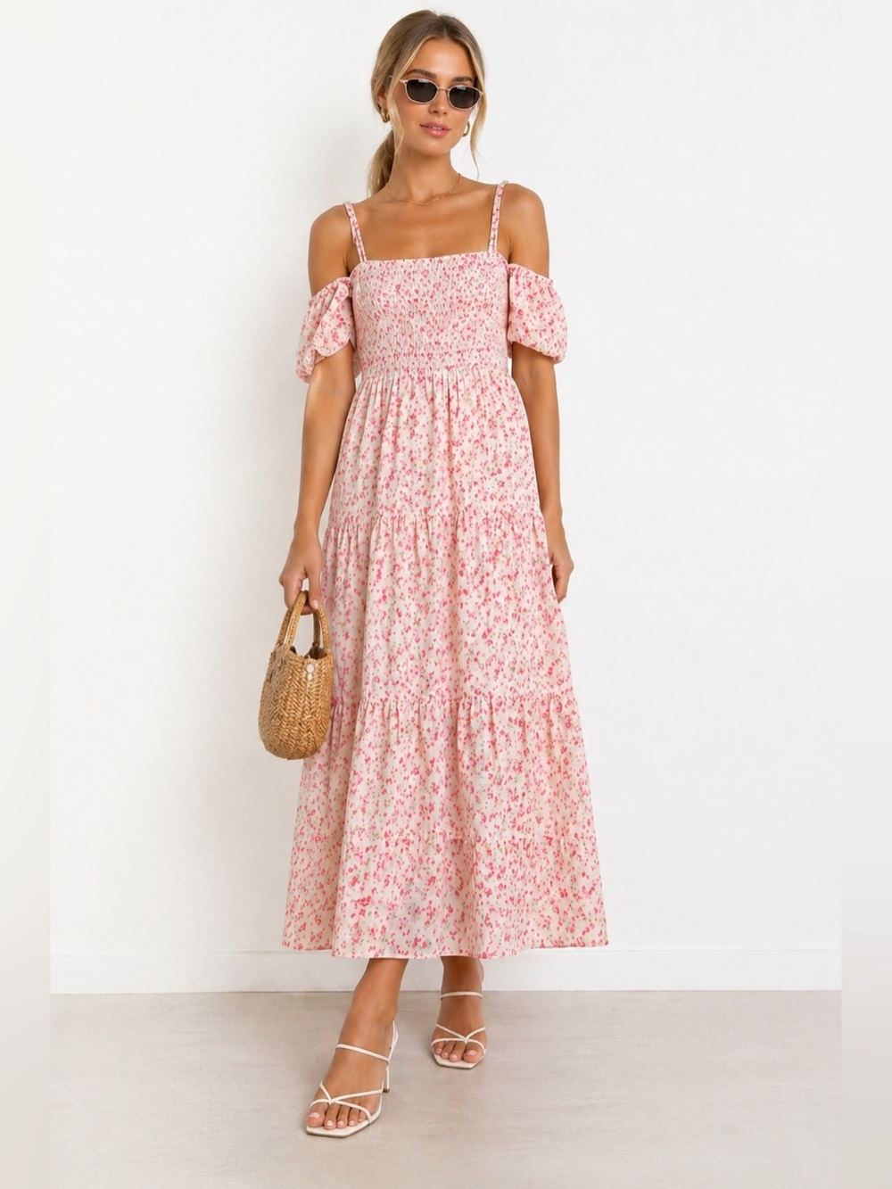 Heartloom Pink Floral Smocked Midi Dress Romantic Puff Sleeve Cottagecore Fit